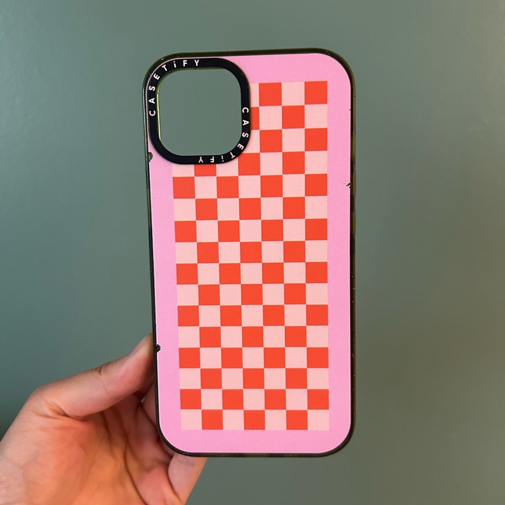 CASETiFY iPhone 14 Case - Orange Pink Checkerboard w/ Green Bumper - Fair